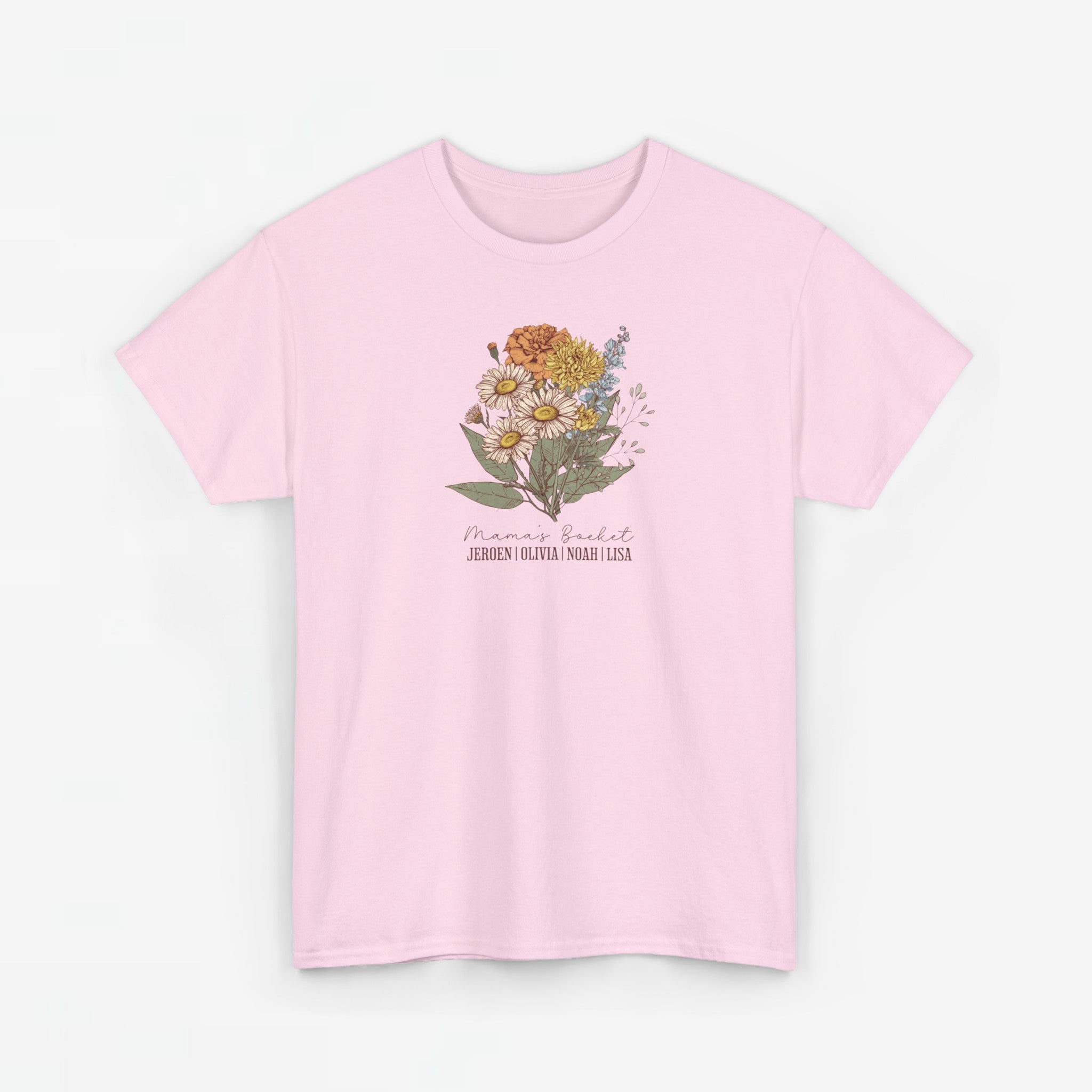 Gepersonaliseerde Moederdag Mama Cadeau - T-shirt - Mama's boeket met namen en geboortemaand bloemen