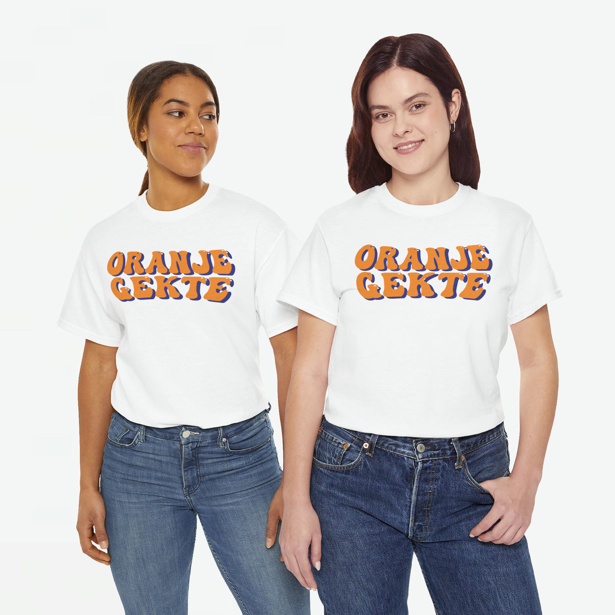 Wit dames T-shirt met oversized pasvorm en oranje ORANJE GEKTE frontprint