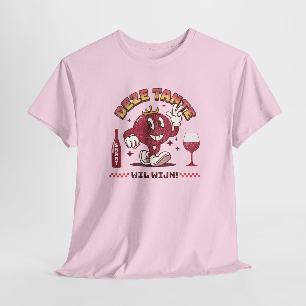 Roze T-shirt met rode stripfiguur-, wijn- en tekstprint op borst