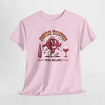 Roze T-shirt met rode stripfiguur-, wijn- en tekstprint op borst