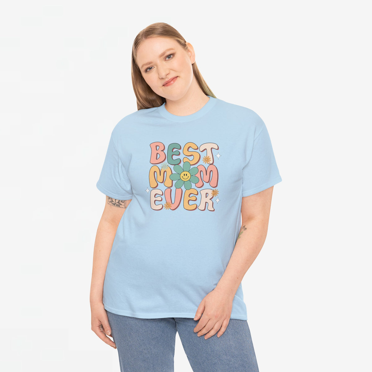 Lichtblauwe oversized T-shirt met 'BEST EVER' print en bloemenmotief