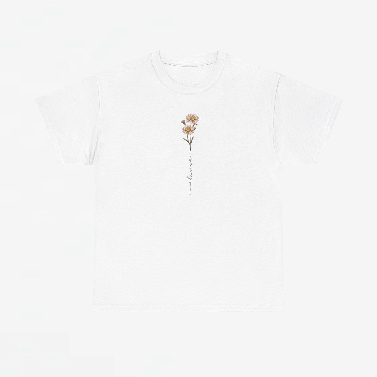 Wit T-shirt met ronde hals en kleine bloemprint met slingerende tekstlijn