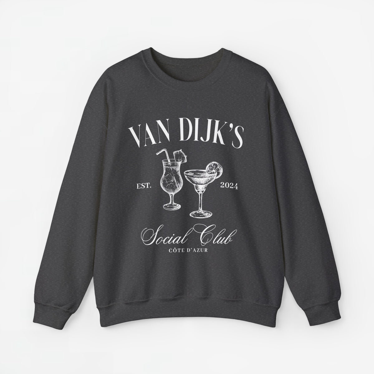 Antracietgrijze sweater met ronde hals en bedrukking met glazen en 'Social Club'.