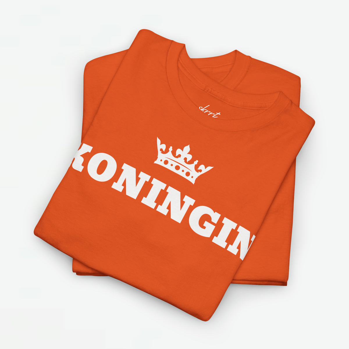 Oranje T-shirt in set met ronde hals en witte ‘KONINGIN’ kroonprint