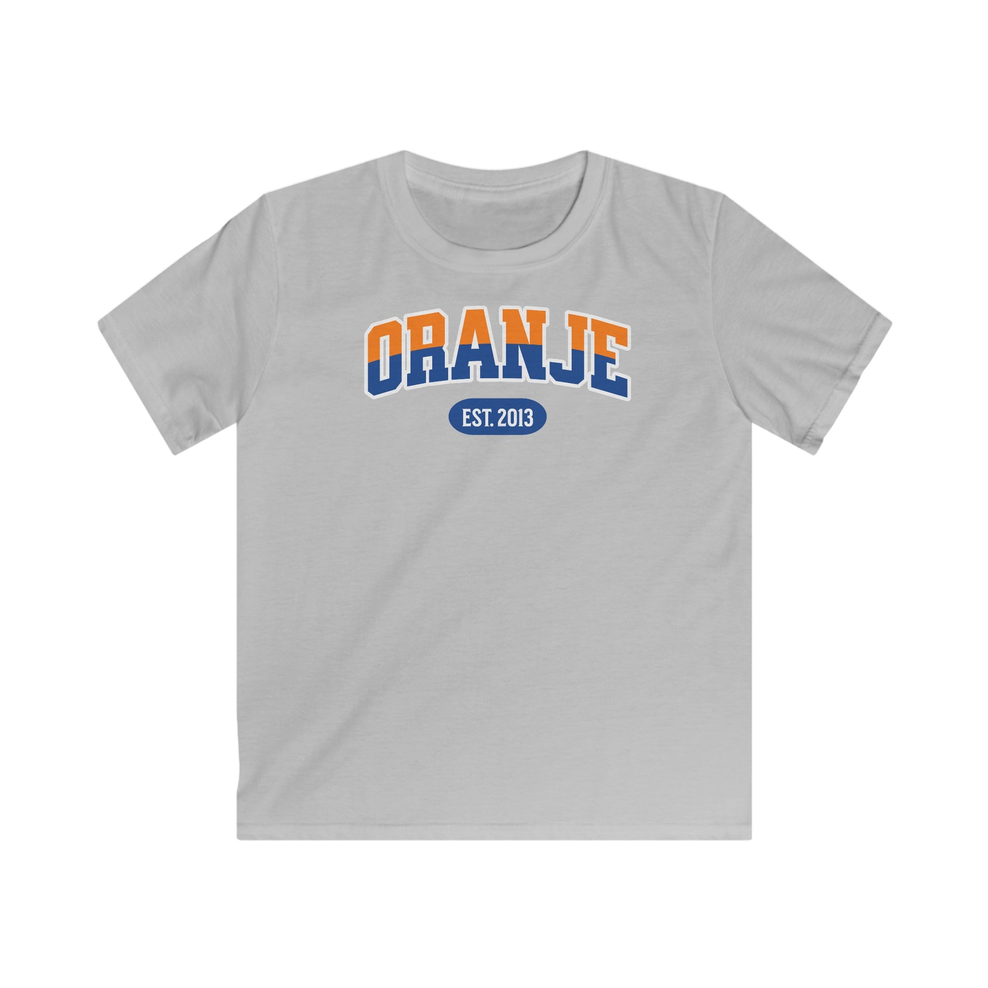 Kind Voetbal T-shirt - EK, WK en Koningsdag Kinderkleding - Personaliseer met Naam, Jaar & Rugnummer - ORANJE  (oranje en blauwe tekst)