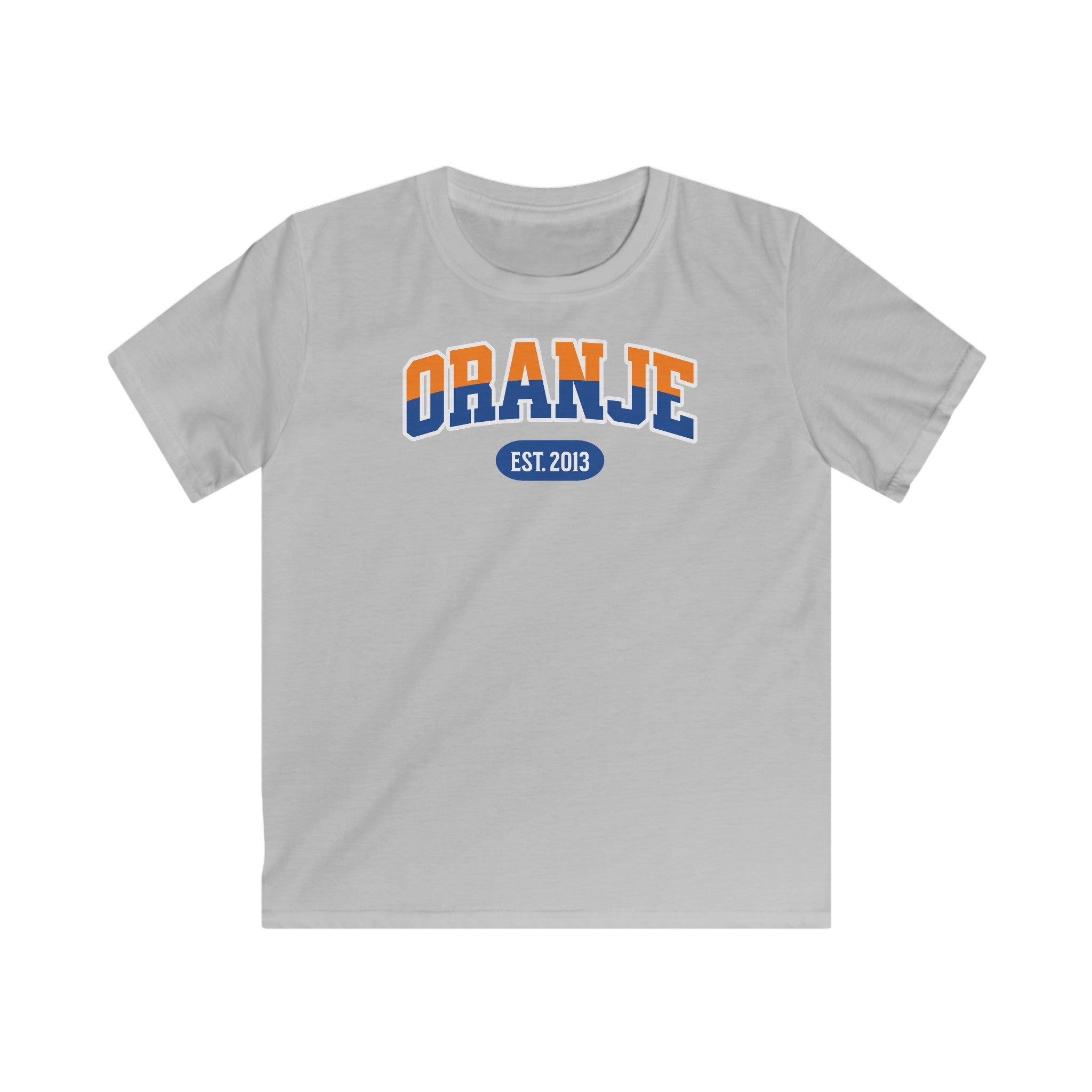 Kind Voetbal T-shirt - EK, WK en Koningsdag Kinderkleding - Personaliseer met Naam, Jaar & Rugnummer - ORANJE  (oranje en blauwe tekst)