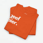 Oranje oversized t-shirt, schuin gevouwen, met witte 'geef bier.' print