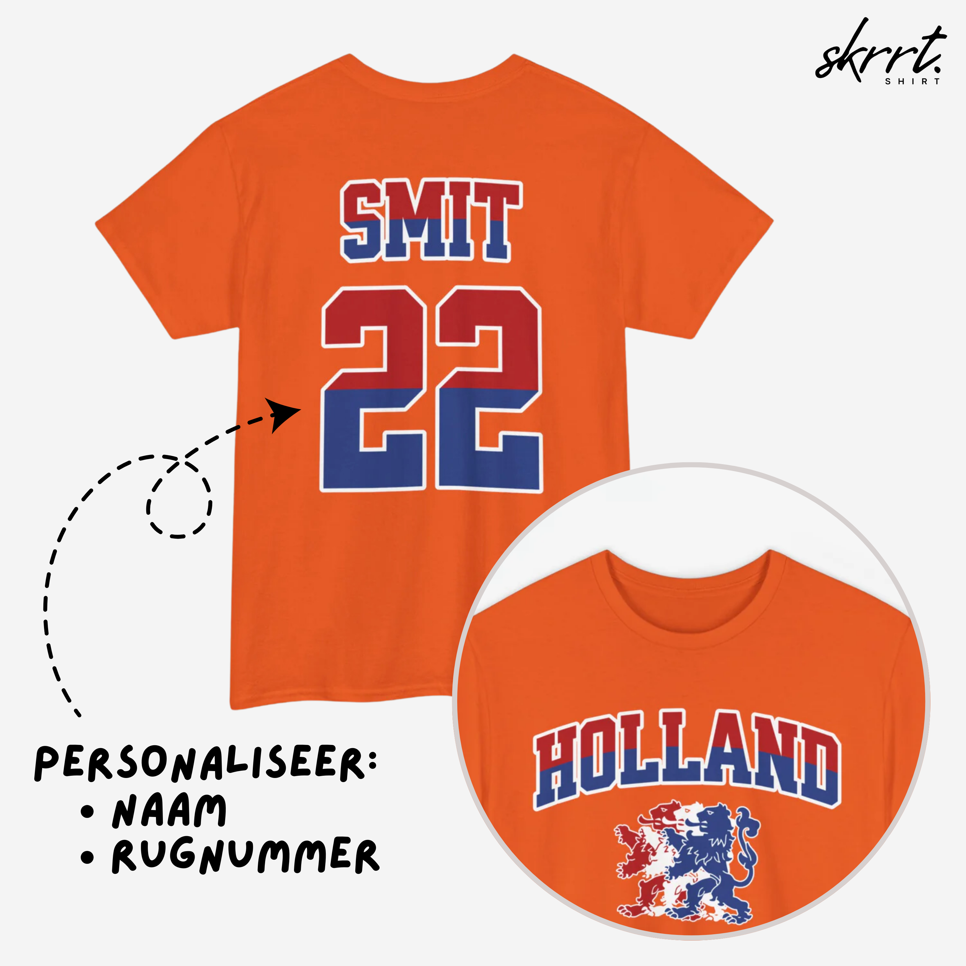 Oranje T-shirt voor EK, WK en Koningsdag - Personaliseer met Naam & Rugnummer - HOLLAND met Leeuw (rode en blauwe tekst)