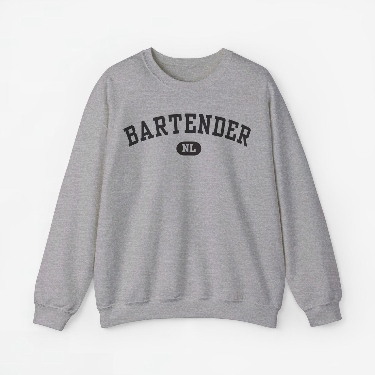 Lichtgrijze trui met ronde hals en BARTENDER-print met klein NL-logo