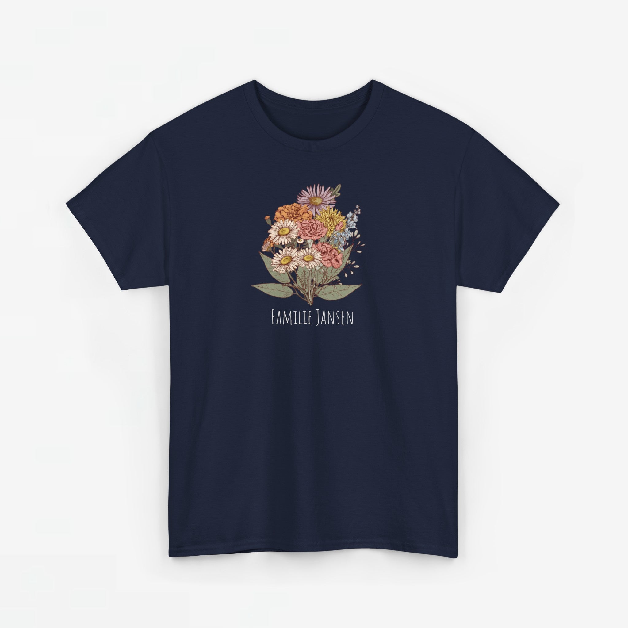 Gepersonaliseerde Moederdag Mama Cadeau - T-shirt - Familie Bloemen boeket met geboortemaand bloemen (witte tekst)