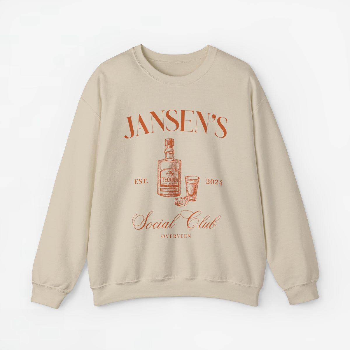 Zandkleurige bedrukte sweatshirt met ronde hals en JANSEN'S opdruk met whiskylogo
