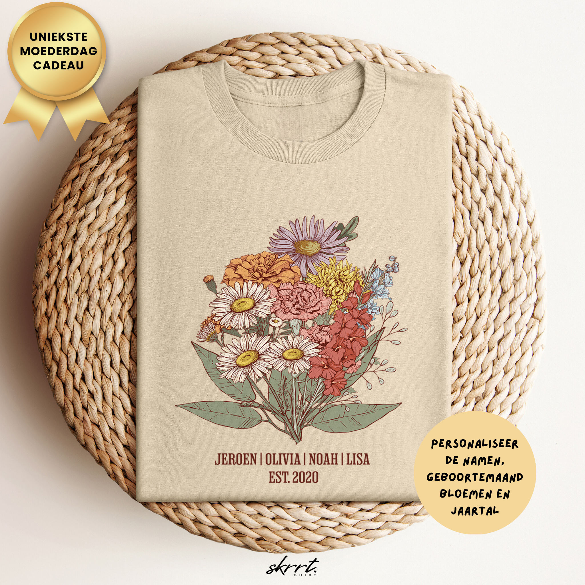 Gepersonaliseerde Moederdag Mama Cadeau - T-shirt - Familie Bloemen boeket met namen - EST [JAAR]
