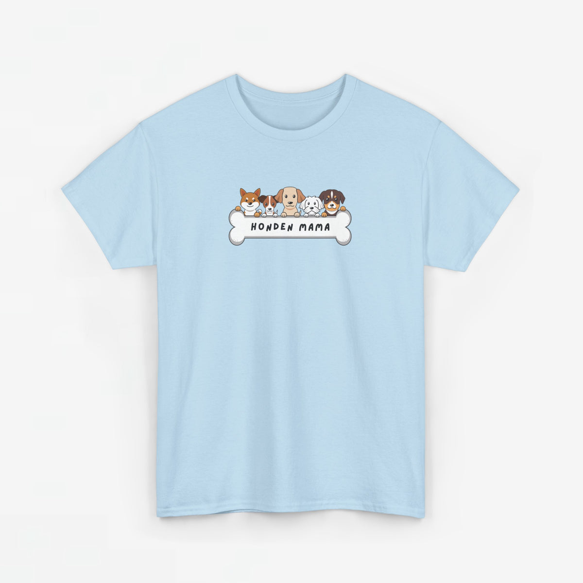 Lichtblauw T-shirt met ronde hals en hondenopdruk met tekst "HONDEN MAMA" vooraan.