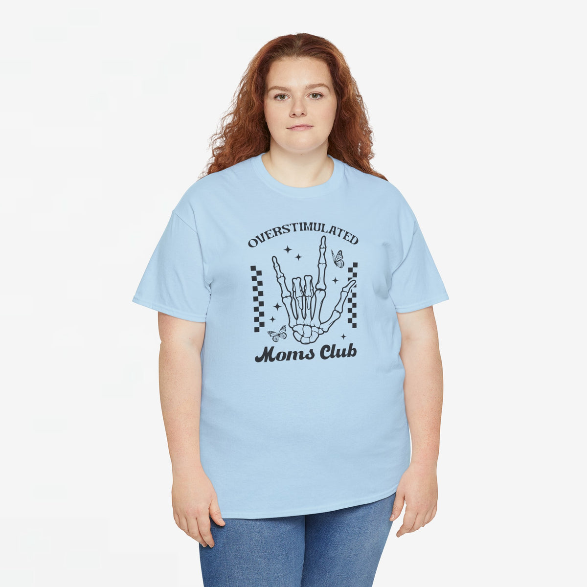 Lichtblauwe oversized T-shirt met handprint en tekst 'Moms Club' op de borst