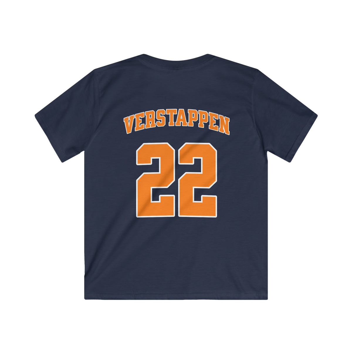 Donkerblauwe kinder voetbalshirt met VERSTAPPEN-tekst en groot nummer 22.