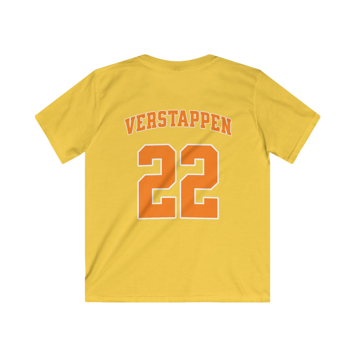 Gele kinder voetbalshirt met VERSTAPPEN-tekst en groot nummer 22.