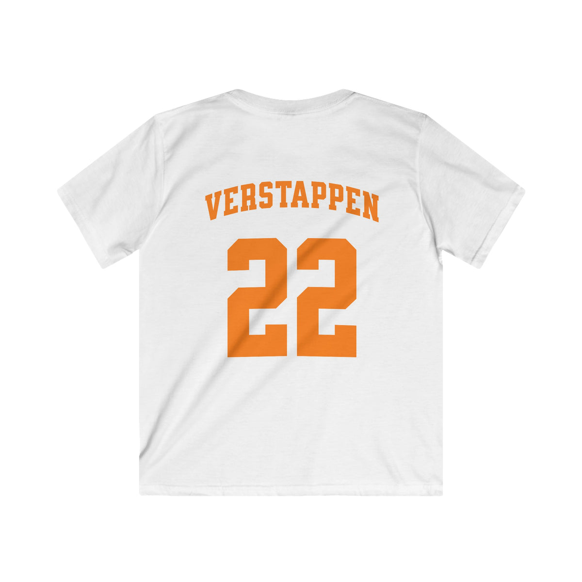 Kinder voetbalshirt wit met VERSTAPPEN en rugnummer 22, achterop.