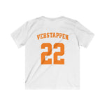 Kinder voetbalshirt wit met VERSTAPPEN en rugnummer 22, achterop.