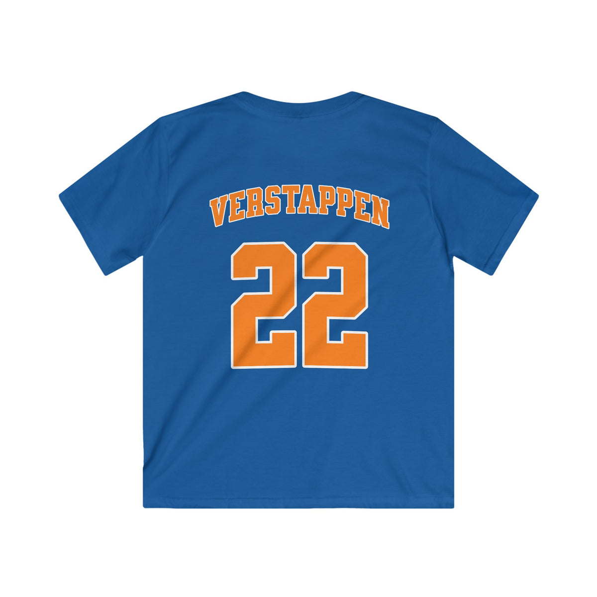 Kinder voetbalshirt blauw met VERSTAPPEN en rugnummer 22, achterop.