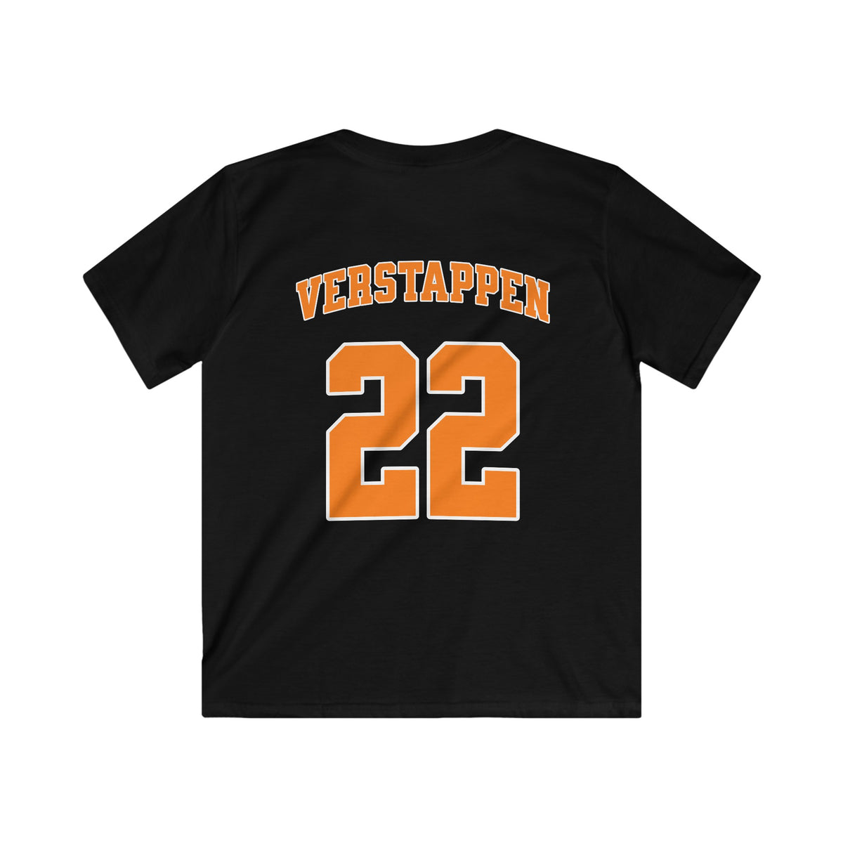 Kinder voetbalshirt zwart met VERSTAPPEN en rugnummer 22, achterop.