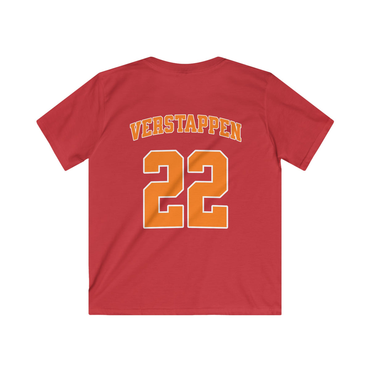Kinder voetbalshirt rood met VERSTAPPEN en rugnummer 22, achterop.