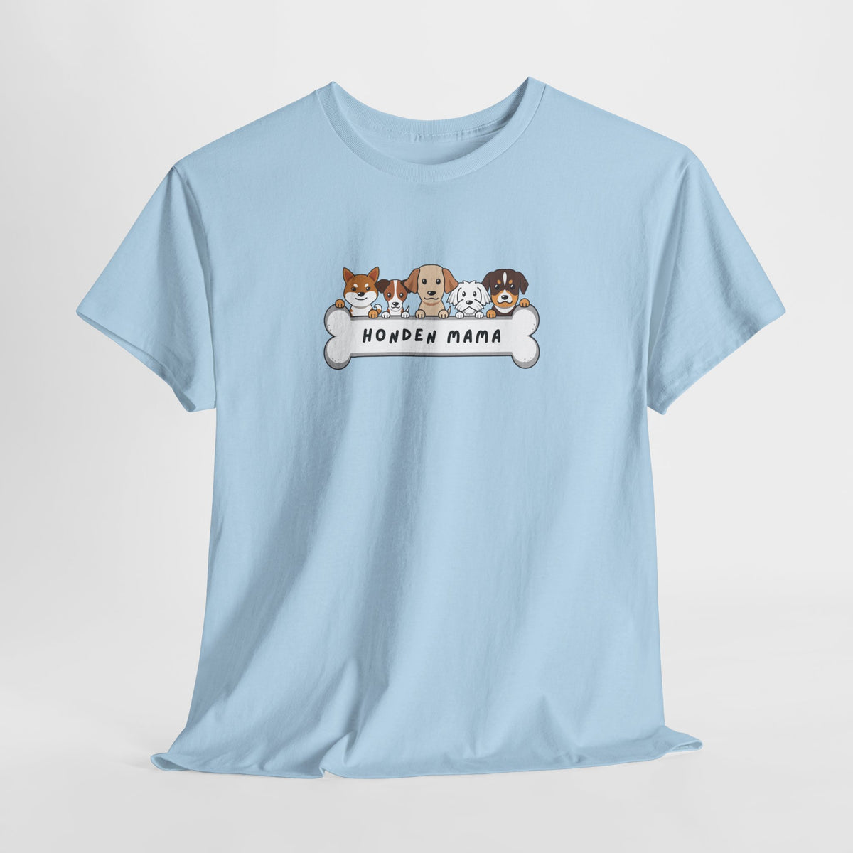 Lichtblauw T-shirt met hondenopdruk en tekst "HONDEN MAMA" vooraan.