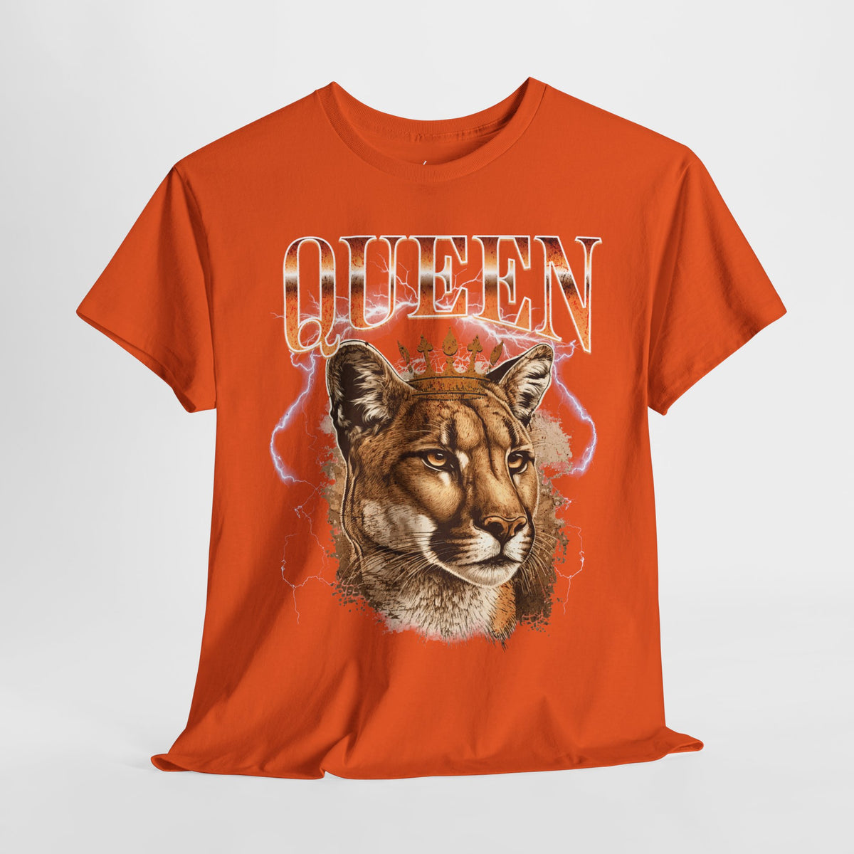 Oranje T-shirt met 'QUEEN' tekst en leeuwenkop op de borst