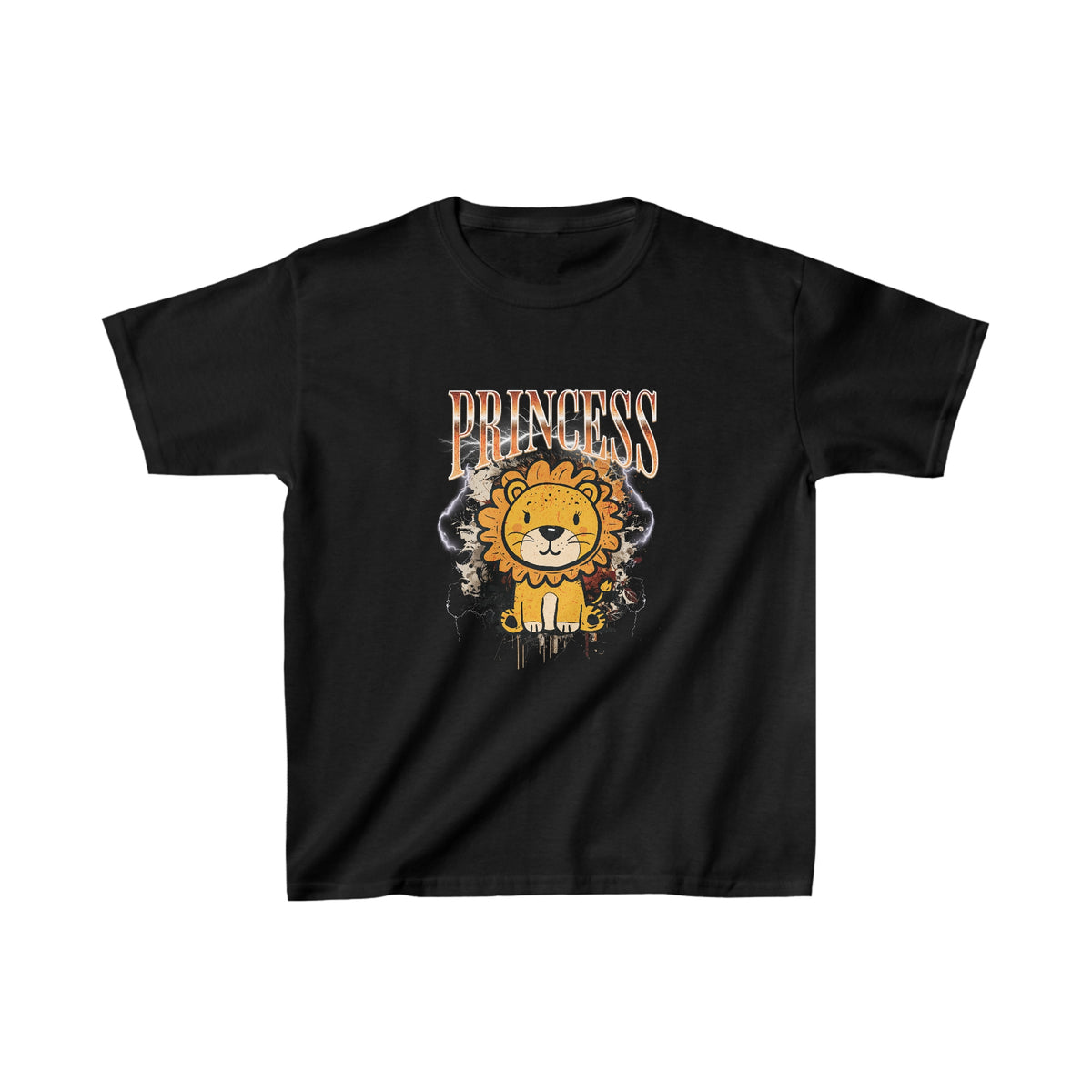 Zwart kinder-T-shirt met voorprint 'Princess' en leeuwenkopillustratie