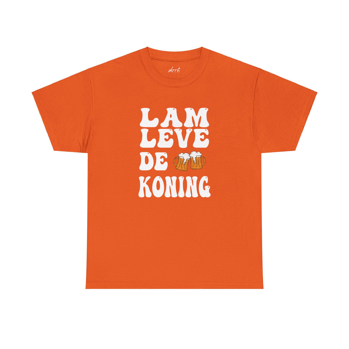 Oranje T-shirt met witte tekstprint "LAM LEVE DE KONING"