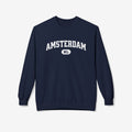 Donkerblauwe Amsterdam varsity sweater met ronde hals en borstprint