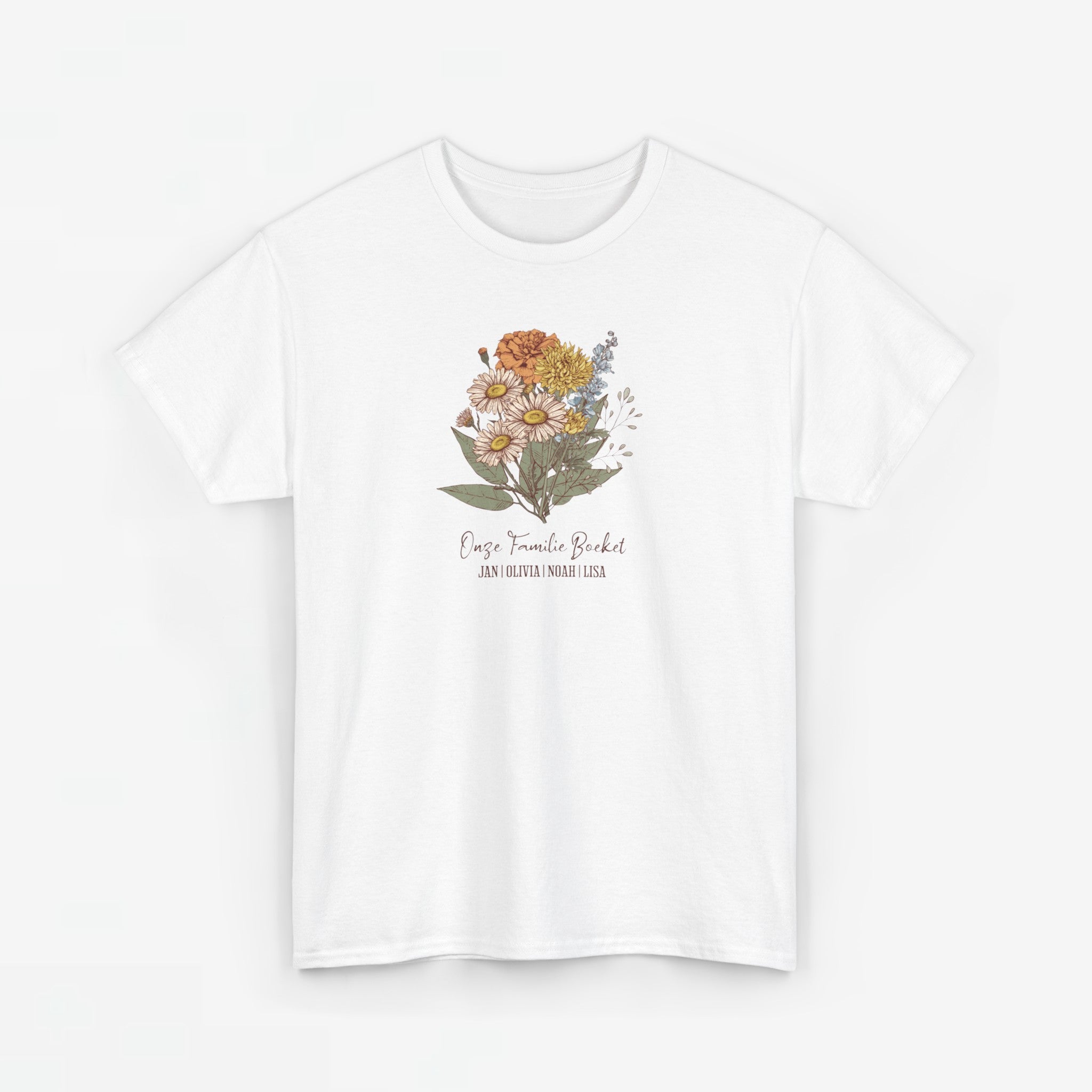 Gepersonaliseerde Moederdag Mama Cadeau - T-shirt - Ons familieboeket met namen en geboortemaand bloemen