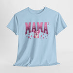 Lichtblauw oversized T-shirt met roze “MAMA” print en kat/figuurtje onderaan