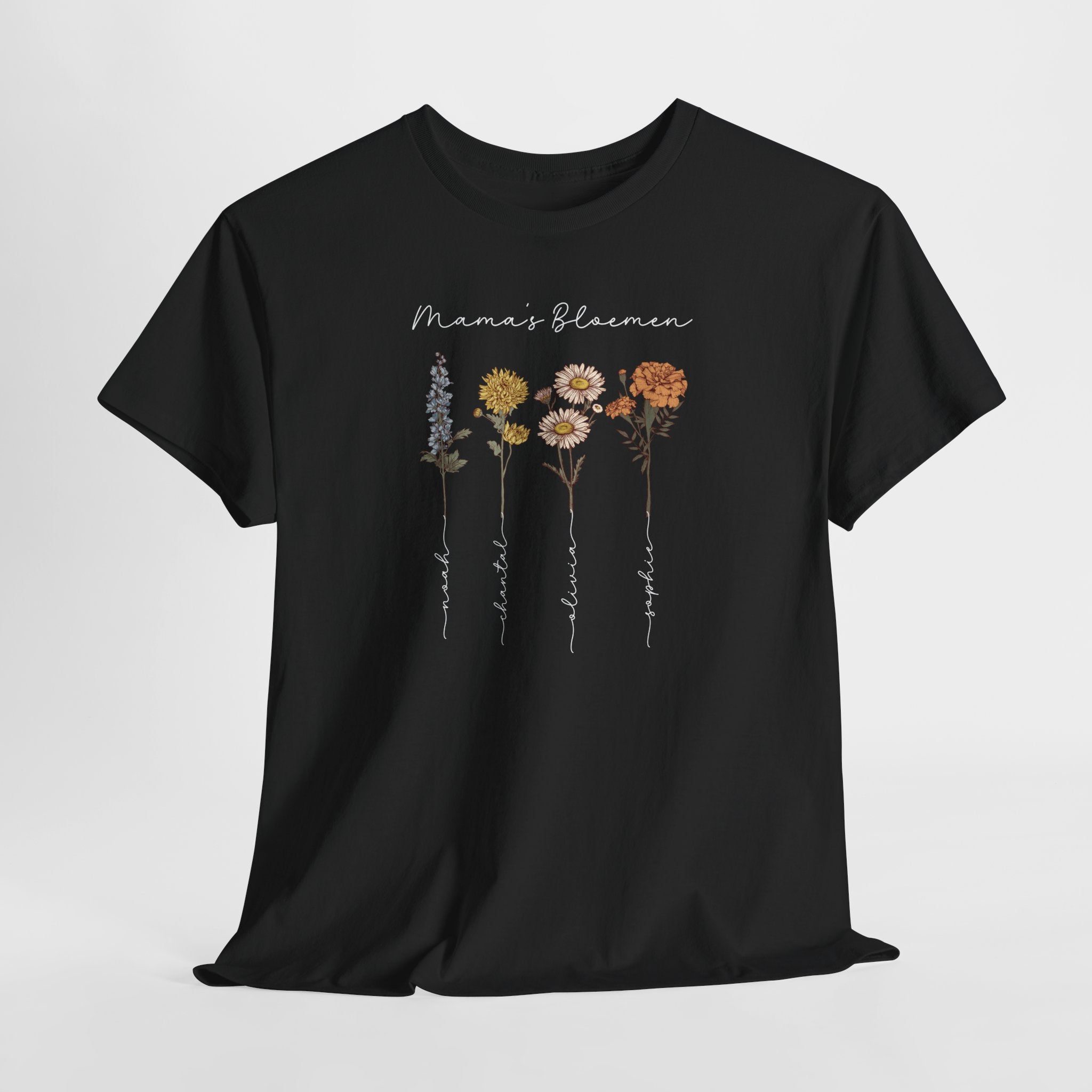 Gepersonaliseerde Moederdag Mama Cadeau - T-shirt - Mama's Bloemen met namen en geboortemaand bloemen (witte tekst)