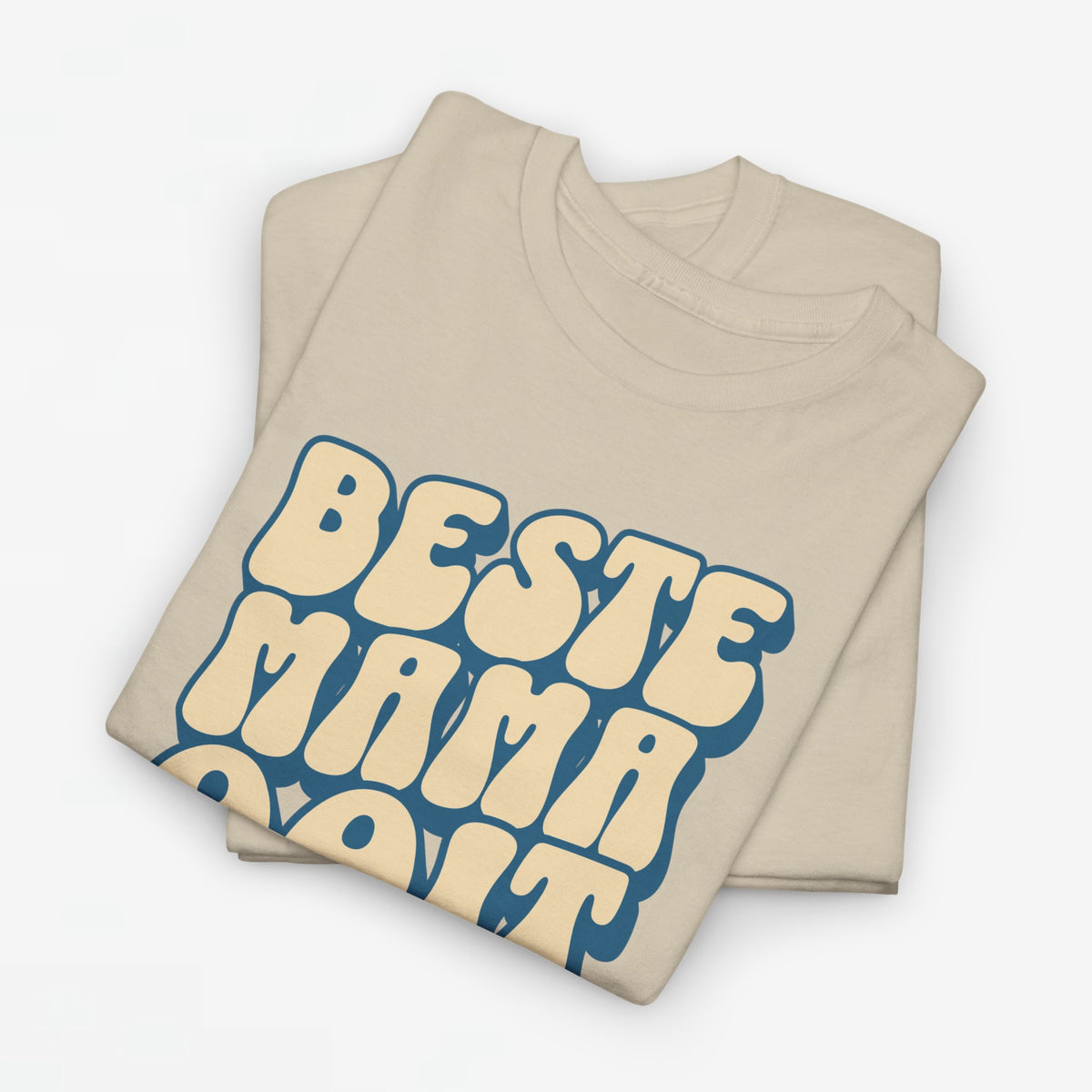 Zandkleurige oversized T-shirt met grote blauwe 'Beste Mama Ooit' print