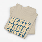 Zandkleurige oversized T-shirt met grote blauwe 'Beste Mama Ooit' print
