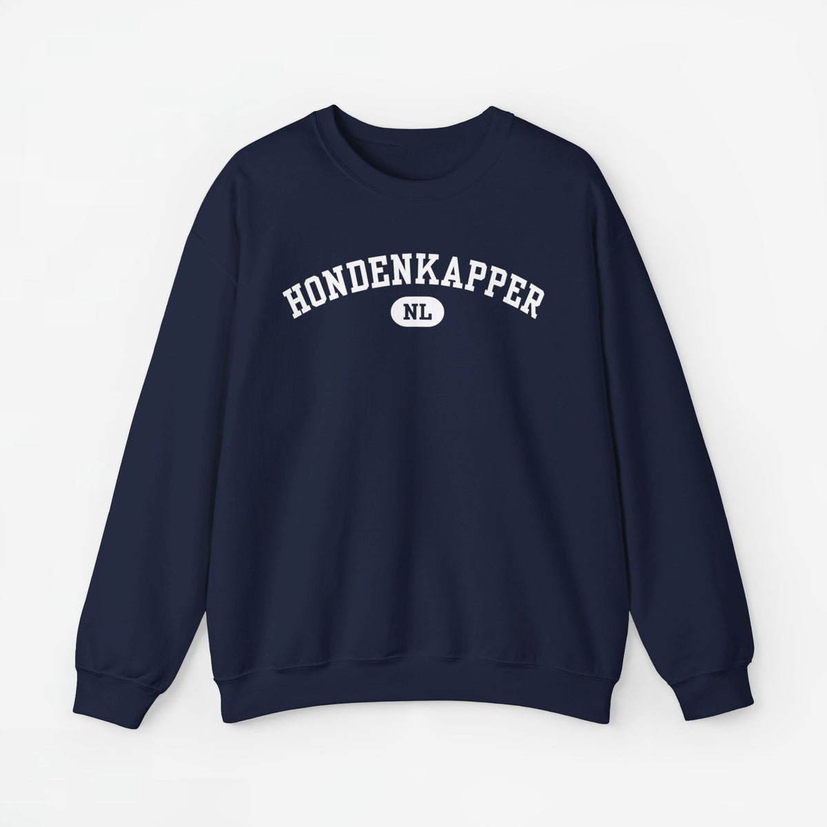 Donkerblauwe sweater met ronde hals en opdruk 'HONDENKAPPER NL' op borst