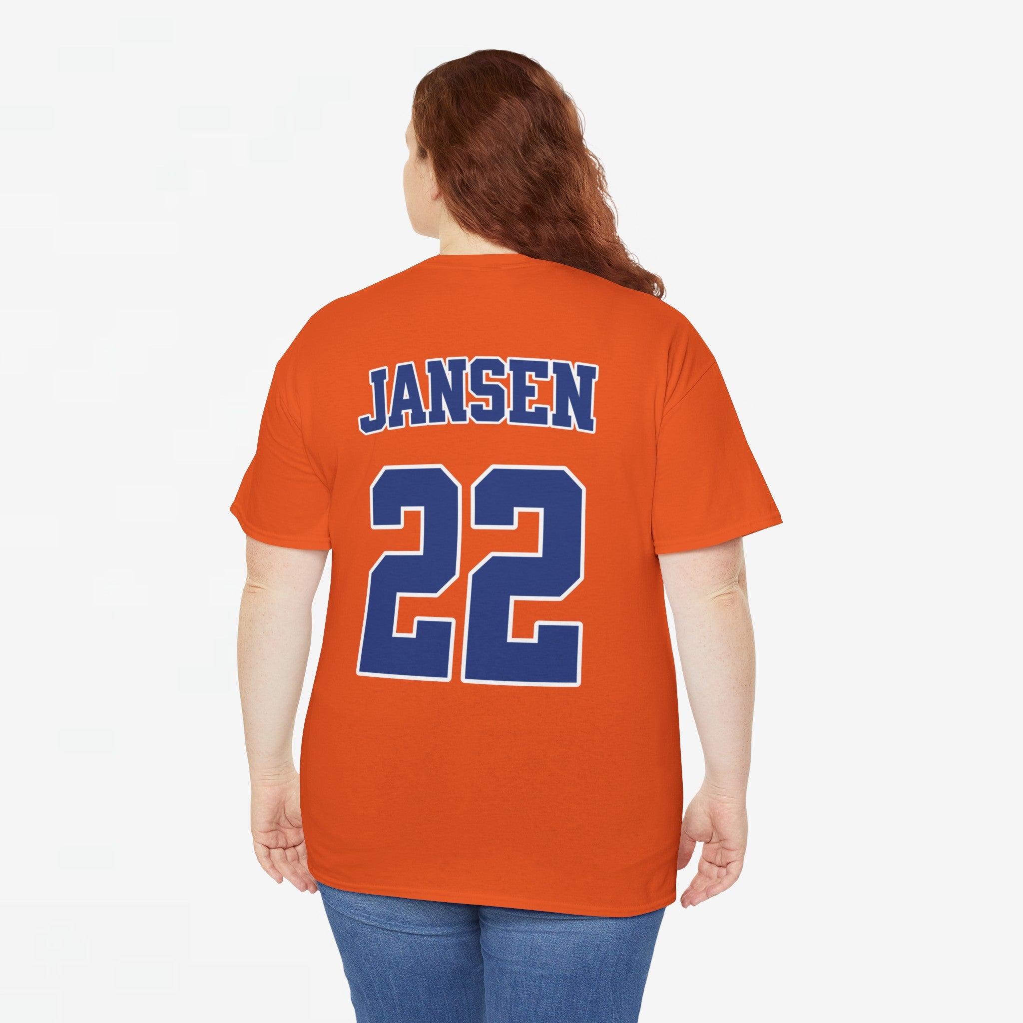 Oranje T-shirt voor EK, WK en Koningsdag - Personaliseer met Naam, Jaar & Rugnummer - HOLLAND (blauwe tekst)
