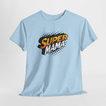 Lichtblauwe T-shirt met korte mouwen en 'Super Mama' borstprint.