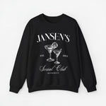Zwarte sweatshirt met opdruk JANSEN'S en Social Club, ronde hals en lange mouwen.