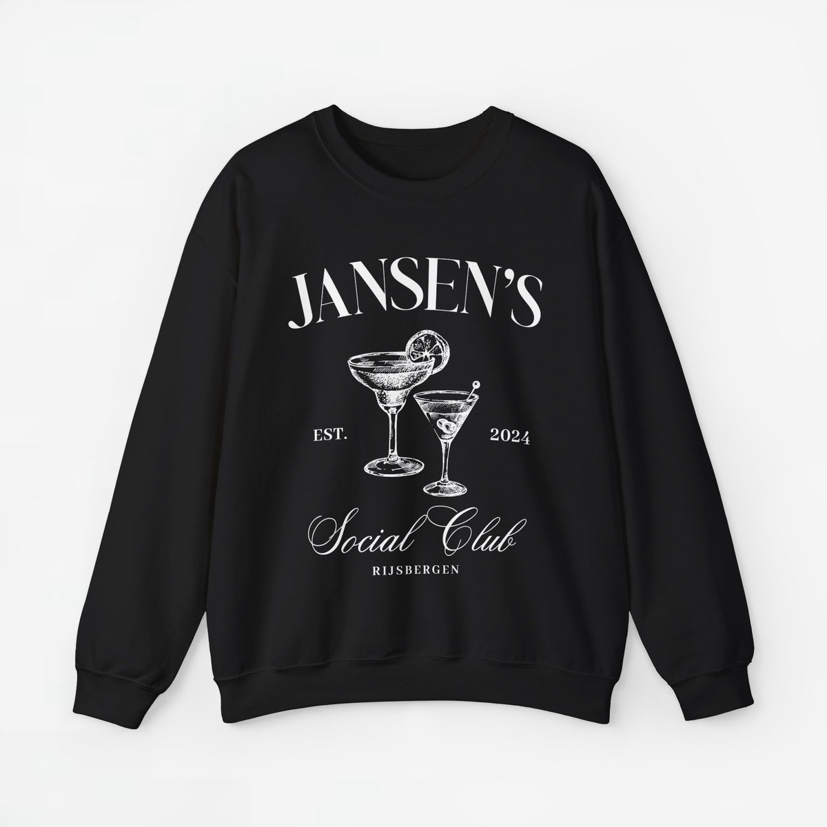 Zwarte sweatshirt met ronde hals en witte 'JANSEN'S Social Club'-opdruk.
