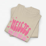 Oversized meisjes-T-shirt zandkleurig met roze bedrukking en opschrift op de borst