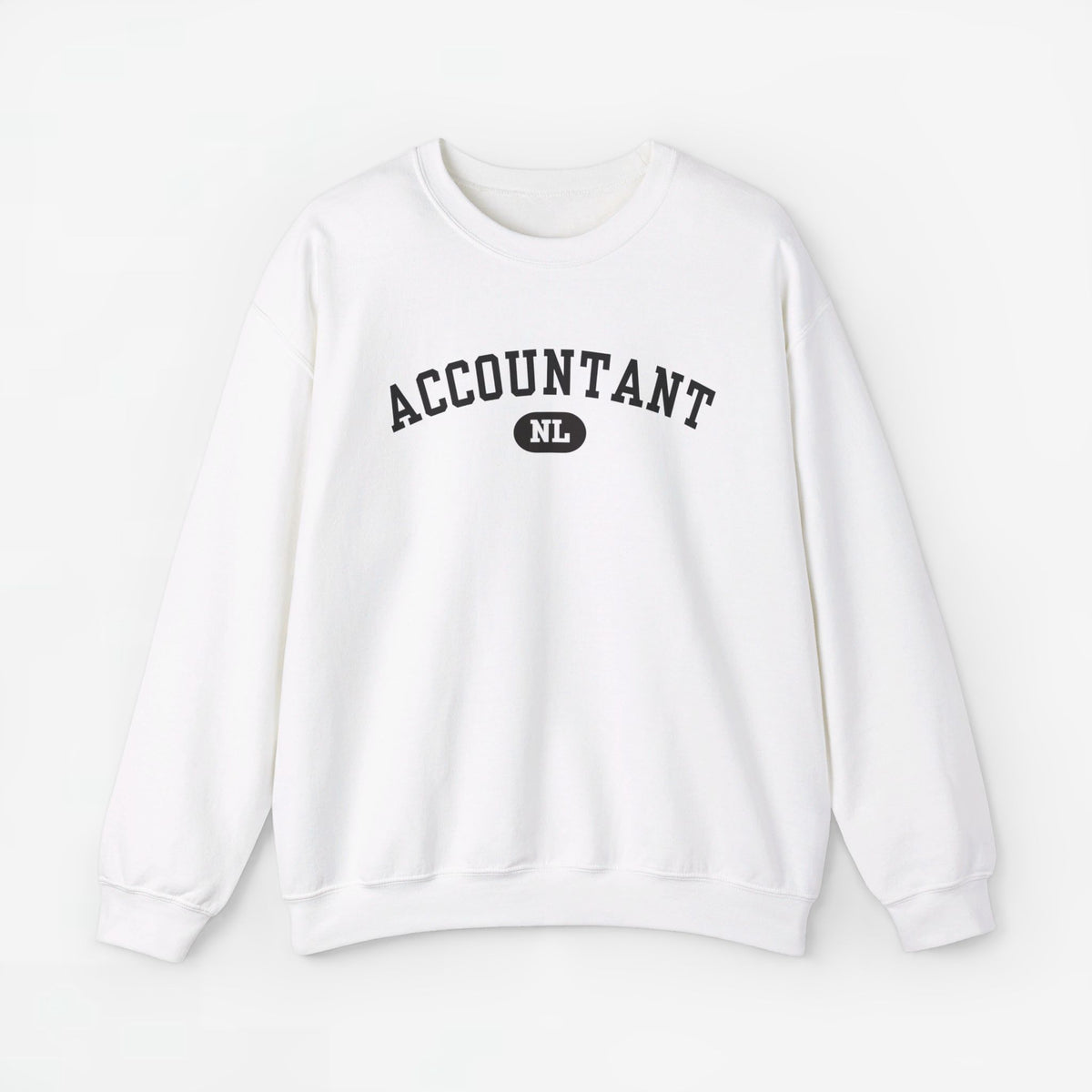 Witte trui met opdruk 'ACCOUNTANT' en rond logo 'NL'.