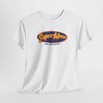 Witte oversized T-shirt met ronde hals en SuperMam-logo op de borst