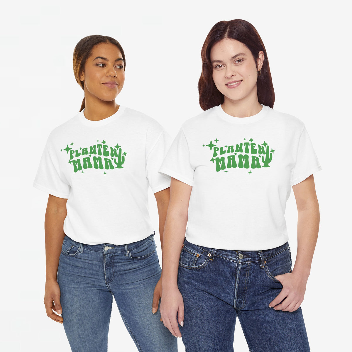 2 witte T-shirts met groene "PLANTEN MAMMA" print; ronde hals en korte mouwen