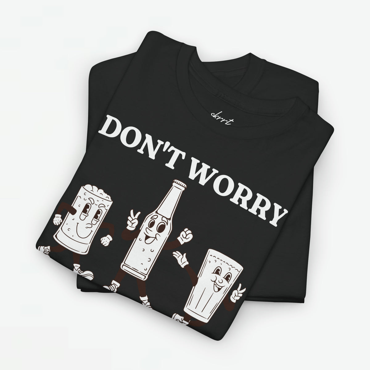 Zwarte oversize T-shirt met witte tekstprint en cartoon bierfiguren voorop