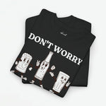 Zwarte oversize T-shirt met witte tekstprint en cartoon bierfiguren voorop