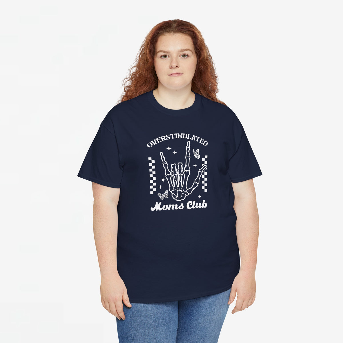 Donkerblauw T-shirt met ronde hals en grote witte handprint/tekst op de borst.