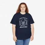 Donkerblauw T-shirt met ronde hals en grote witte handprint/tekst op de borst.