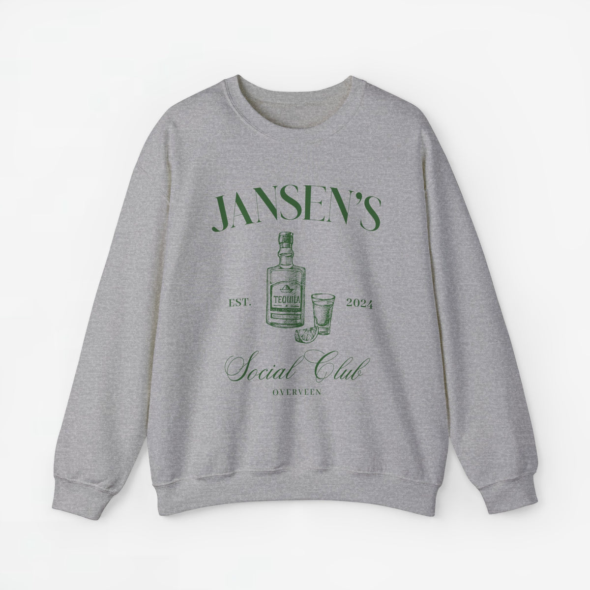 Lichtgrijze sweater met ronde hals en lange mouwen, borstprint met JANSEN’S en Social Club