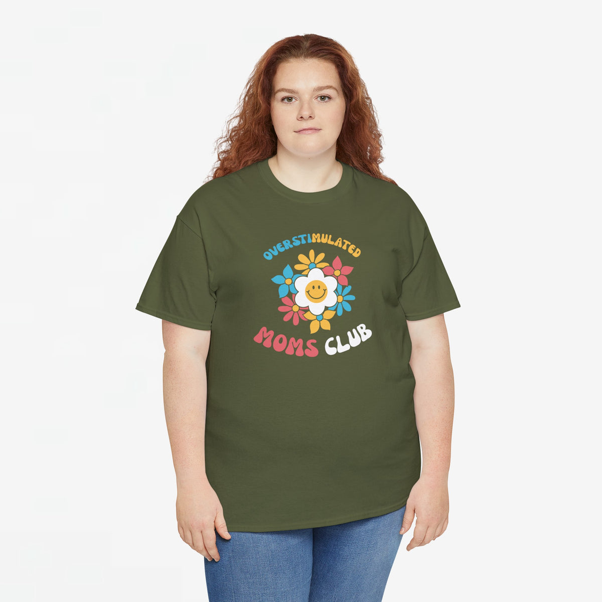 Olijfgroen oversize T-shirt met ronde hals en bloem- en tekstprint 'MOMS CLUB'
